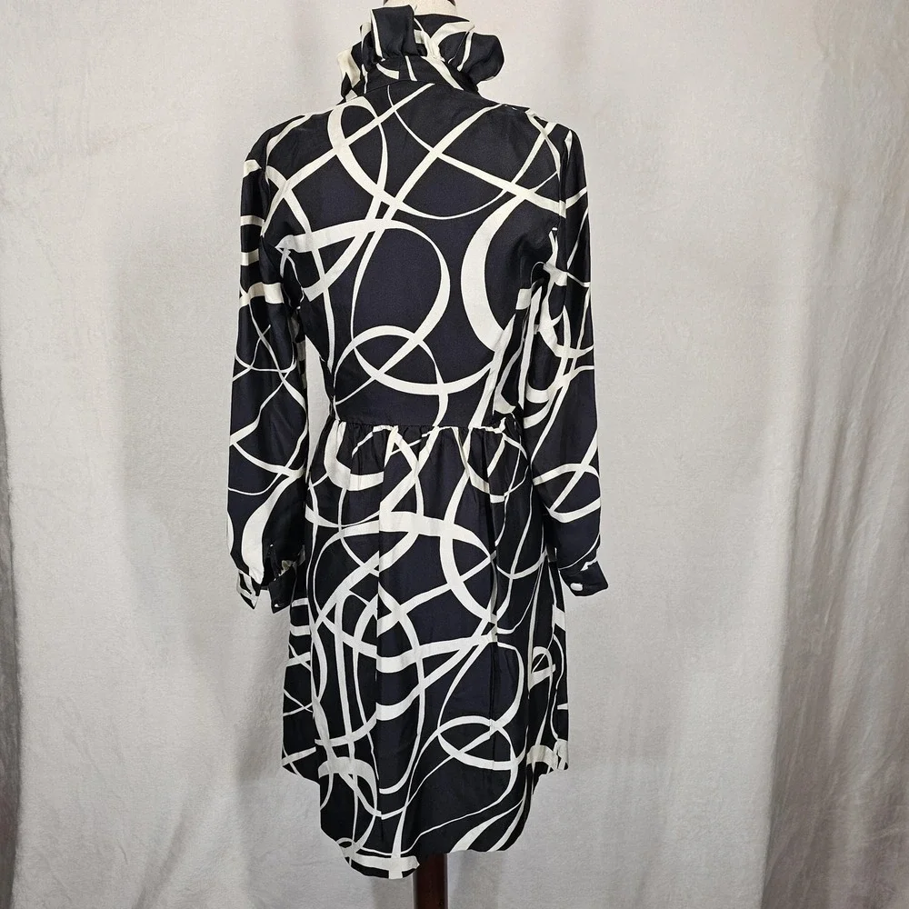 J Crew Dress Womens Size 10 Black White Silk‎ Ruffle Collar Abstract Print HO07